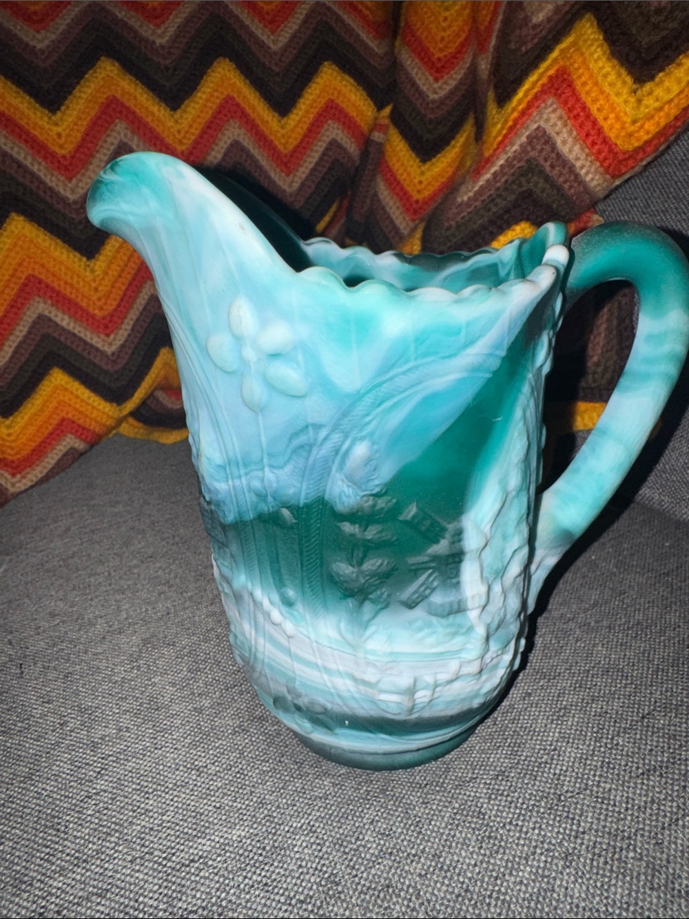 VINTAGE Imperial Glass Green & White Slag Glass Windmill Pitcher – 6" Art Glass